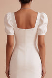 White Square Neck A-Line Long Engagement Dress with Puff Sleeves