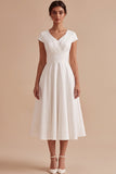 Simple White A-Line Ruched V-Neck Midi Engagement Dress with Cap Sleeves