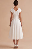 Simple White A-Line Ruched V-Neck Midi Engagement Dress with Cap Sleeves