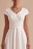 Simple White A-Line Ruched V-Neck Midi Engagement Dress with Cap Sleeves
