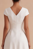Simple White A-Line Ruched V-Neck Midi Engagement Dress with Cap Sleeves