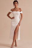 White Off The Shoulder Corset Sheath Midi Engagement Dress with Slit