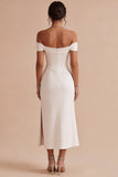 White Off The Shoulder Corset Sheath Midi Engagement Dress with Slit