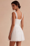 Ruched Square Neck A-Line Tulle Short Little White Dress