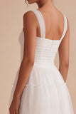 Ruched Square Neck A-Line Tulle Short Little White Dress