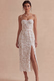 White Corset Sheath Lace Midi Engagement Dress with Slit