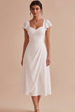 White A-Line Flutter Sleeves Midi Engagement Dress