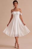 Off The Shoulder A-Line Ruched Midi Little White Dress with Lace Detail