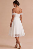 Off The Shoulder A-Line Ruched Midi Little White Dress with Lace Detail