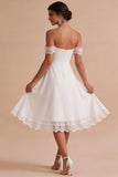 Off The Shoulder A-Line Ruched Midi Little White Dress with Lace Detail