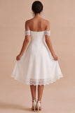 Off The Shoulder A-Line Ruched Midi Little White Dress with Lace Detail