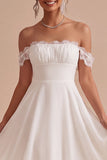 Off The Shoulder A-Line Ruched Midi Little White Dress with Lace Detail