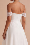 Off The Shoulder A-Line Ruched Midi Little White Dress with Lace Detail