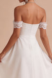 Off The Shoulder A-Line Ruched Midi Little White Dress with Lace Detail