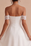 Off The Shoulder A-Line Ruched Midi Little White Dress with Lace Detail
