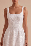 Sparkly Sequins Square Neck A-Line Mini Little White Dress