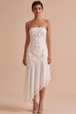 Strapless White Floral Appliqued Sheath Asymmetrical High-Low Hem Engagement Dress