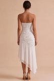 Strapless White Floral Appliqued Sheath Asymmetrical High-Low Hem Engagement Dress