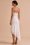 Strapless White Floral Appliqued Sheath Asymmetrical High-Low Hem Engagement Dress