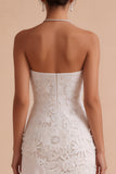 Strapless White Floral Appliqued Sheath Asymmetrical High-Low Hem Engagement Dress