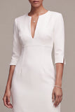 White Sheath V-Neck Midi Engagement Dress with 3/4 Sleeves