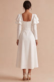 White A-Line Flutter Sleeves Square Neck Long Engagement Dress with Belt