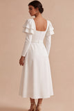 White A-Line Flutter Sleeves Square Neck Long Engagement Dress with Belt