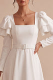 White A-Line Flutter Sleeves Square Neck Long Engagement Dress with Belt