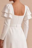 White A-Line Flutter Sleeves Square Neck Long Engagement Dress with Belt