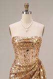 Gold Corset Strapless Ruched Short Homecoming Dress with Mirror