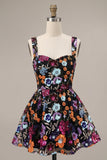 Black A-Line Sweetheart Floral Short Homecoming Dress