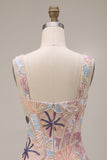 Pink Corset Bodycon Square Neck Mini Homecoming Dress with Appliques