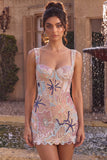Pink Corset Bodycon Square Neck Mini Homecoming Dress with Appliques