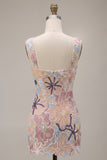 Pink Corset Bodycon Square Neck Mini Homecoming Dress with Appliques