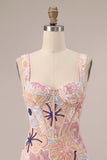 Pink Corset Bodycon Square Neck Mini Homecoming Dress with Appliques