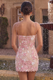Pink Corset Sheath Spaghetti Straps Short Homecoming Dress with Appliques