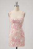 Pink Corset Sheath Spaghetti Straps Short Homecoming Dress with Appliques