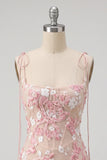 Pink Corset Sheath Spaghetti Straps Short Homecoming Dress with Appliques