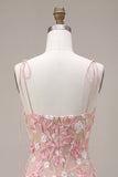 Pink Corset Sheath Spaghetti Straps Short Homecoming Dress with Appliques