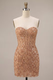 Champagne Bodycon Pearl Corset Strapless Beaded Short Homecoming Dress
