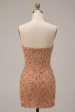 Champagne Bodycon Pearl Corset Strapless Beaded Short Homecoming Dress