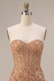 Champagne Bodycon Pearl Corset Strapless Beaded Short Homecoming Dress