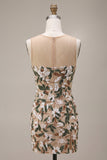 Light Khaki Corset Illusion Neck Sequin Floral Short Homecoming Dress with Side Slit