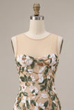 Light Khaki Corset Illusion Neck Sequin Floral Short Homecoming Dress with Side Slit