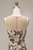 Light Khaki Corset Illusion Neck Sequin Floral Short Homecoming Dress with Side Slit