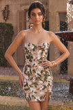 Light Khaki Corset Illusion Neck Sequin Floral Short Homecoming Dress with Side Slit