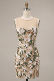 Light Khaki Corset Illusion Neck Sequin Floral Short Homecoming Dress with Side Slit