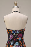 Black Bodycon Halter Backless Floral Short Homecoming Dress with Sequins