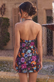 Black Bodycon Halter Backless Floral Short Homecoming Dress with Sequins