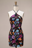 Black Bodycon Halter Backless Floral Short Homecoming Dress with Sequins